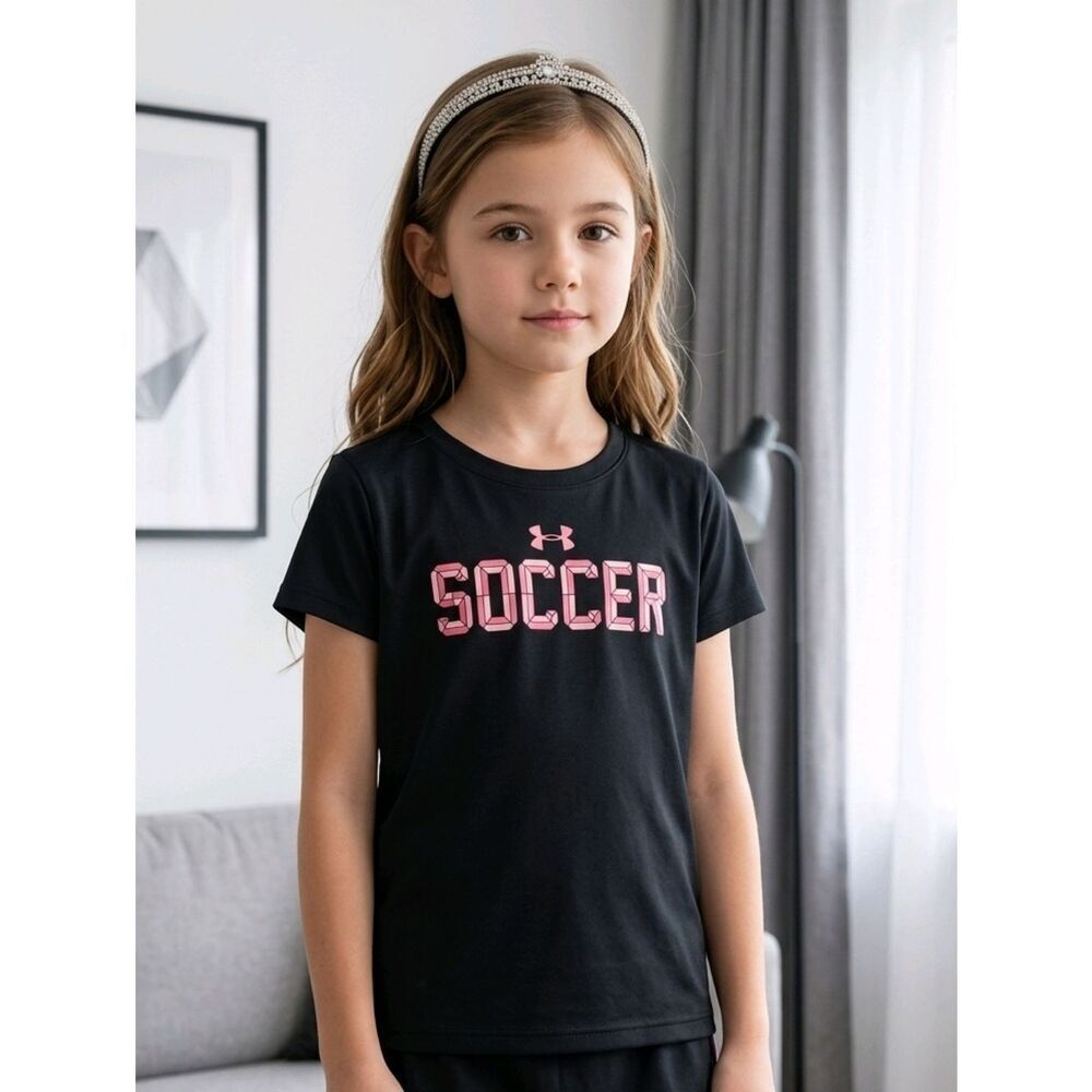 Under Armour Girls Size 6 UA HeatGear Black T-Shirt Pink SOCCER Athletic Tee